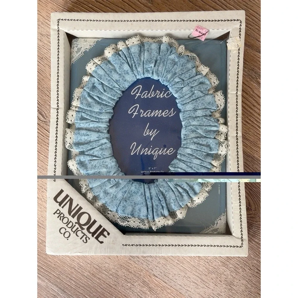 Vintage 5x7 Fabric Picture Frame Blue Floral Lace Cottagecore NOS Sealed USA